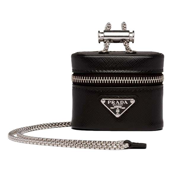 Prada Triangle Saffiano Black Leather Mini Airpods Case with - Picture 1 of 4